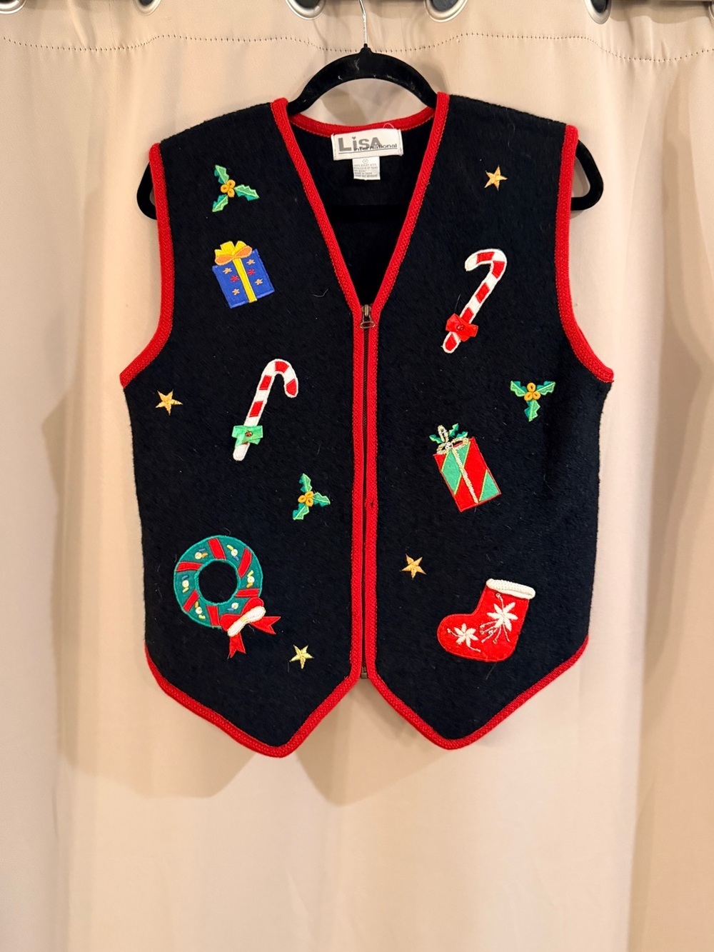 Lisa International Black Wool Vest with Red Trim